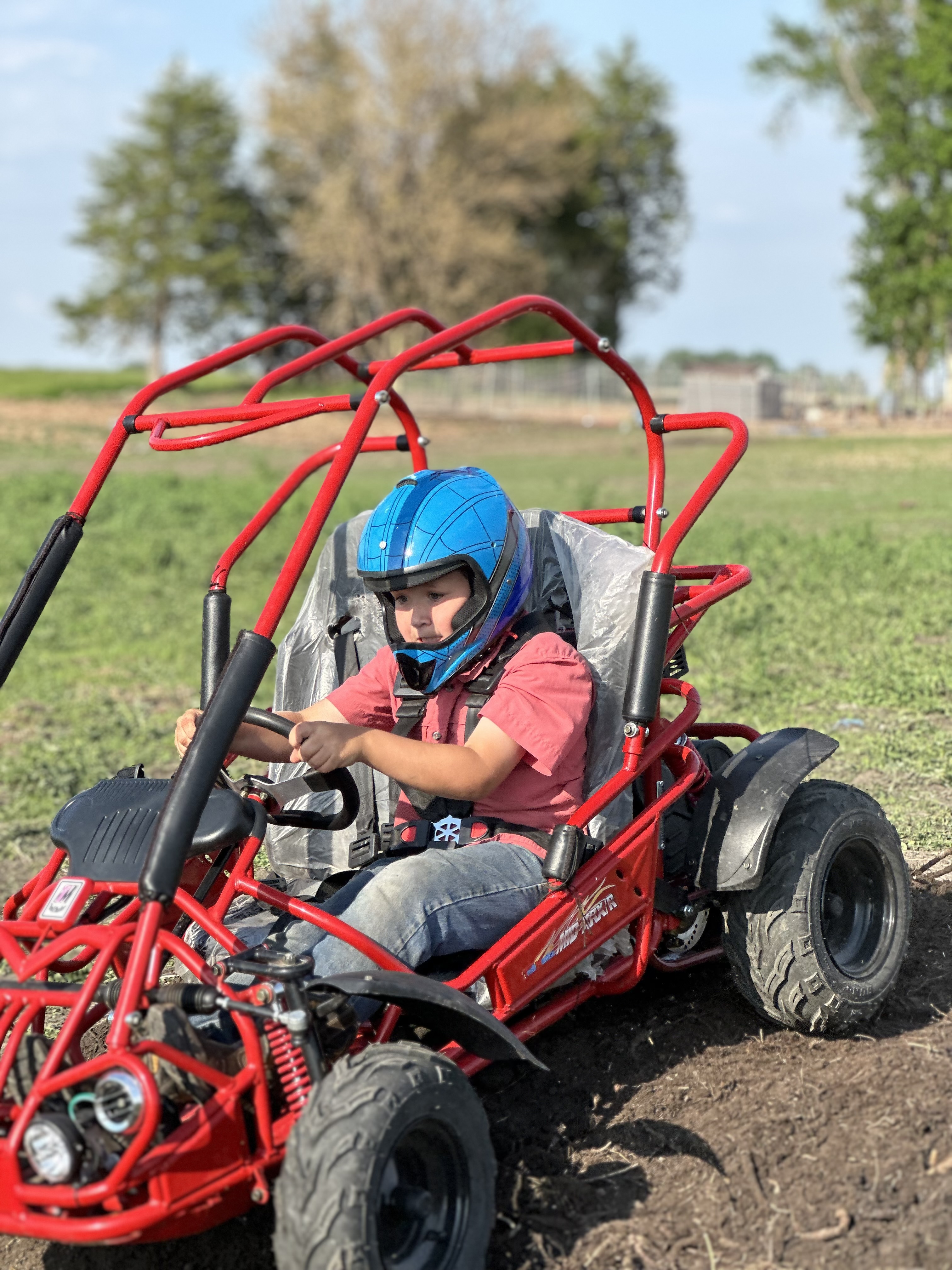 Kid riding an off-road go kart with full roll cage